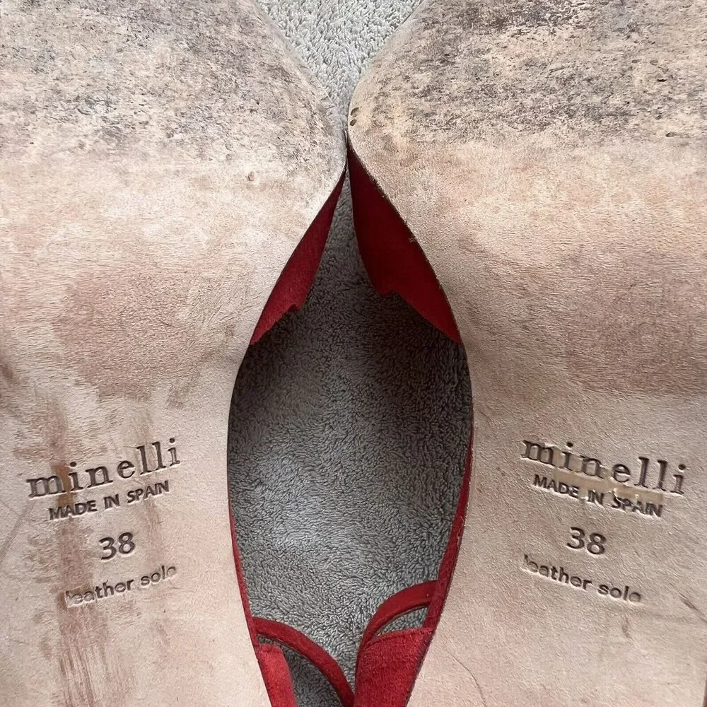 Minelli Spain Red Suede Scalloped Edge Pump Heel Ankle Strap Women EU 38 US‎ 7.5